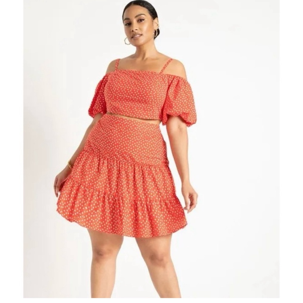 EUC red polka dot mini skirt and puff sleeve top sz 20